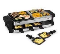 Klarstein Sirloin - Raclette gril 1500W, Pour 8 personnes, Plaque de gril en pierre naturelle, Appareil à Raclette 8 poêlons à raclette antiadhésifs, Gril en aluminium, Thermostat réglable, Argent