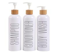 Raddile Lot de 3 distributeurs de savon, blancs, 500 ml, bouteilles de shampoing, de shampoing, de gel douche, avec plateau en bambou pour après-shampoing, lotion (blanc)