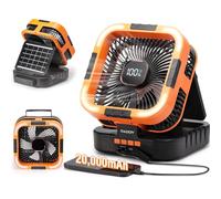 Raddy CF3 Ventilateur de camping rechargeable 20 000 mAh, portable, batterie intégrée, 3 W panneau solaire, USB, LED, 6 vitesses, oscillation 90°, tente, BBQ, plein air & urgences, orange