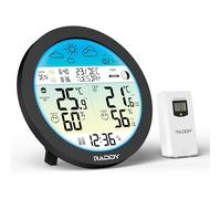 Raddy DT7 Station Météo Sans Fil - Thermomètre Connecté Capteur | Ecran HTN circulaire, horloge DCF, double alarme, barometre, previsions 12-24h, phases lune, alerte gel