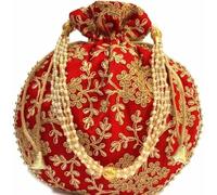 Radhykrishnafashions 1 sac Potli pour femme indienne - Style ethnique - Broderie Batwa - Avec poignée et perles complexes, Rouge, Small