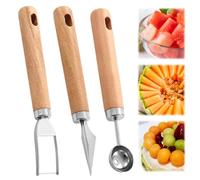 Radianeroryi 3 PCS Coupe-pastèques en Acier Inoxydable, Ensemble de Découpe Pasteque, Couteau à Melon et Cuillères à Boules, pour Réunions de Famille et Camping (Poignée en bois)