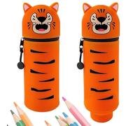 Radianeroryi Trousse 2 en 1 en silicone souple, trousse à crayons Kawaii avec fermeture éclair, peut tenir debout, étui à crayons en silicone, porte-crayon tigre, porte-stylo de bureau, jolie trousse
