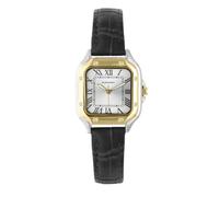 Radiant - Montre analogique à quartz pour femme, boîtier carré de 35 mm bicolore doré, cadran argent/gris, bracelet en cuir noir avec boucle, pile incluse, étanche 3 ATM