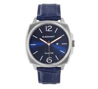 Radiant - Montre analogique à quartz pour homme, acier inoxydable, boîtier de 42 mm, bracelet en cuir bleu, boucle normale, pile incluse, couleur bleue et argentée, 3 aiguilles avec calendrier, 5 ATM
