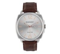 Radiant - Montre analogique à quartz pour homme, boîtier carré de 42,00 mm argenté/gris, cadran argenté/gris, bracelet en cuir marron avec boucle, pile incluse, étanche 5 ATM