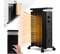 Radiateur Bain d'Huile 1500W COSTWAY 3 Puissances Séchoir Rétractable Thermostat Intégré Double Protection 7 Eléments Noir 20m²
