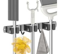 Radikor Accroche Balai Mural, Porte Balais Mural avec 3 Supports et 2 Crochets, Support Balais Mural sans Percage, Attache Balai Mural avec Vis, Range Balai Mural, Porte Outils de Jardin Mural, Noir