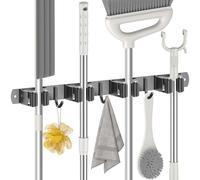 Radikor Accroche Balai Mural, Porte Balais Mural avec 4 Supports et 3 Crochets, Support Balais Mural sans Percage, Attache Balai Mural avec Vis, Range Balai Mural, Porte Outils de Jardin Mural, Noir