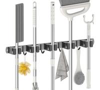 Radikor Accroche Balai Mural, Porte Balais Mural avec 5 Supports et 4 Crochets, Support Balais Mural sans Percage, Attache Balai Mural avec Vis, Range Balai Mural, Porte Outils de Jardin Mural, Noir