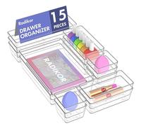 Radikor Lot de 15 Organisateurs de Tiroir, Rangement Tiroir en Plastique Transparent, Bacs de rangement avec 4 Tailles pour salle de bain, coiffeuse, Cuisine, Bureau, Papeterie, per Cosmétiques,Bijoux