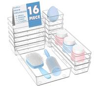 Radikor Lot de 16 Organisateurs de Tiroir, Rangement Tiroir en Plastique Transparent, Bacs de rangement avec 4 Tailles pour salle de bain, coiffeuse, Cuisine et Bureau