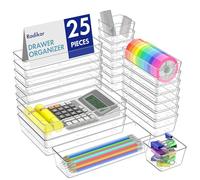 Radikor Lot de 25 Organisateurs de Tiroir, Rangement Tiroir en Plastique Transparent, Bacs de rangement avec 4 Tailles pour salle de bain, coiffeuse, Cuisine, Bureau, Papeterie, per Cosmétiques,Bijoux