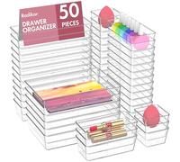 Radikor Lot de 50 Organisateurs de Tiroir, Rangement Tiroir en Plastique Transparent, Bacs de rangement avec 4 Tailles pour salle de bain, coiffeuse, Cuisine et Bureau