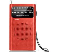 Radio AM/FM portable d'urgence Innovaland Premes - Radio de survie 2 bandes à piles pour les voyages et le camping - Petite radio de poche avec antenne télescopique, prise casque et bandoulière, rouge