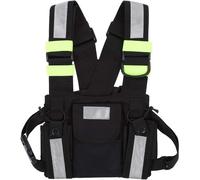 Radio Chest Harness Rig Holster Pack with Front Zip Bag Pockets and Green Reflective Strips for Walkie-Talkies Two-Way Radio