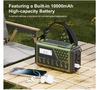 Radio d'urgence à charge à manivelle avec batterie externe 10000 mAh, haut-parleur Bluetooth AM/FM/SW Radio catastrophe Radio occultante à charge solaire army green
