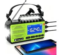 Radio d'urgence à manivelle 37000 mWh, radio solaire AM/FM NOAA alerte | Lampe de poche 3 modes, lampe de lecture, alarme SOS, boussole, prise casque pour la maison, le camping, les urgences (vert)