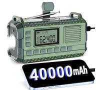 Radio d'urgence météo - AM/FM/NOAA Radio à manivelle avec charge rapide de 15 W, banque d'énergie solaire portable de 40 000 mAh, lampe de poche multifonction et alarme SOS pour urgences intérieures