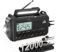 Radio d'urgence solaire à main avec AM/FM, radio portable à batterie 12000 mAh, radio à transistor à remontage avec chargeur de téléphone, alarme SOS, lampe de poche de survie