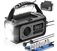 Radio météo d'urgence 12 000 mAh, radio solaire à manivelle portable AM/FM/NOAA avec 2 panneaux solaires, 3 méthodes de charge, alarme SOS, 3 modes, lampe de poche, chargeur de téléphone, boussole,
