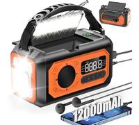 Radio météo d'urgence 12 000 mAh, radio solaire à manivelle, radio solaire portable AM/FM/NOAA avec 2 panneaux solaires, 3 méthodes de charge, alarme SOS, 3 modes, lampe de poche, chargeur de