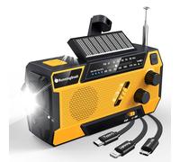 Radio Météo d'Urgence à Manivelle AM/FM/NOAA - 2000 mAh, Charge Solaire, Piles, Alarme SOS, Lampe de Poche - 3 Câbles Intégrés
