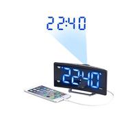 Radio-réveil à projection avec affichage bleu et port de chargement USB