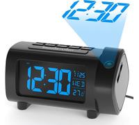 Radio Réveil à Projection,Horloges à Projection 180° Reveil Projecteur FM avec Alarme,Grand Affichage VA,4 Niveaux de Luminosité