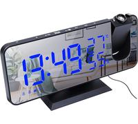 Radio-réveil à Projection Radio-réveil Numérique 4 Gradateurs et Rotatif à 180 ° et 2 Sons 7.4 "" Grand écran Miroir Noir-Bleu