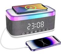 Radio Réveil Bluetooth Avec Chargement Sans Fil 15W, Réveil Connecté Avec Enceinte Bluetooth, Port Usb, Alarm Clock, Fm Radio, 13 Modes De Lumières Led
