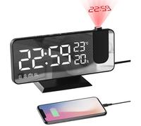 WE Radio réveil Grand Affichage avec projecteur, écran Effet Miroir Port USB pour la Charge Prise Secteur Inclus, Noir