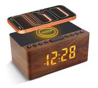 Radio Réveil Numérique en Bois avec Radio FM,Station de Charge sans fil Rapide Pour iPhone/Samsung Galaxy,Alarm Clock et Affichage LED,Variateur à 5 Niveaux,Port USB,Minuterie de Sommeil, Marron