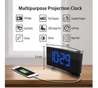 Radio Réveil Projection Plafond Alarme FM 4 Types de Sonnerie Rotation 120° Fonction Snooze Minuterie de Sommeil Charge USB 12/24H