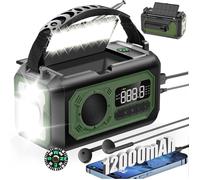 Radio solaire AM/FM 12 000 mAh avec manivelle, 2 panneaux solaires, câble USB, 3 modes de charge, alarme SOS, lampe torche, charge