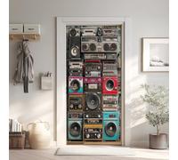 Radio Vintage Stickers pour Papier Peint PVC Imperméable, Musique Rétro Porte Autocollants 3D Trompe L'Oeil, Instruments de Musique Poster de Porte Amovible 63x205 cm