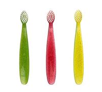 RADIUS Totz Lot de 3 brosses à dents extra douces pour enfants Vert/corail/jaune scintillant, sans BPA et acceptées par l'ADA, conçues pour les dents et les gencives délicates, pour les enfants de 18