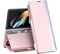 Radujy/Lovreko Luxury Electroplated Leather Magnetic Phone Case with Phone Stand and Pen Slot for Galaxy Z Fold 5/6/7,Anti-Fall Leather Case (Pink, for Z Fold3/W22)