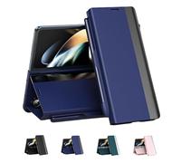Radujy/Lovreko Luxury Electroplated Leather Magnetic Phone Case, with Phone Stand and Pen Slot, Full Body Case Covers, for Samsung Z Fold 2/3/4/5/6/7 (Blue,Solid Color,for Z Fold5)