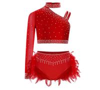 Raenseen Abito Da Ballo Latino Americano Bambina Completo Da Pattinaggio Artistico Con Strass Crop Top Danza Moderna Monospalla + Minigonna Di Danza Costume Samba Red 5-6 Ans