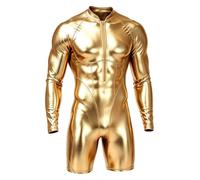 Raenseen Combinaison Longue Manche Pour Hommes Corps Métallisé Iridescent | Costume Spectacle Danse Unitard Jambes Courtes Body Court Manches Longues Pour Fête Et Club Pour La Natation Estivale Tenue