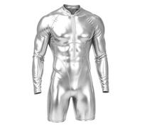 Raenseen Combinaison Longue Manche Pour Hommes Corps Métallisé Iridescent | Costume Spectacle Danse Unitard Jambes Courtes Body Court Manches Longues Pour Fête Et Club Pour La Natation Estivale Tenue