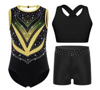 Raenseen Complète De Gymnastique Pour Petite Mädchen En Trois Pièces Corps Danse Classique Avec Chemisette Et Pantalonnet Corps Gymnastique Rythmique Avec Strass Or 9-10 ans