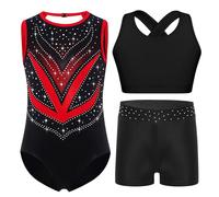 Raenseen Complète De Gymnastique Pour Petite Mädchen En Trois Pièces Corps Danse Classique Avec Chemisette Et Pantalonnet Corps Gymnastique Rythmique Avec Strass Rouge 13-14 ans