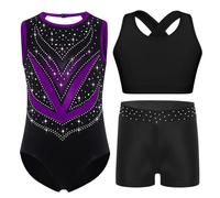 Raenseen Complète De Gymnastique Pour Petite Mädchen En Trois Pièces Corps Danse Classique Avec Chemisette Et Pantalonnet Corps Gymnastique Rythmique Avec Strass Violet 9-10 ans