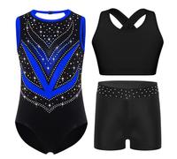 Raenseen Complète De Gymnastique Pour Petite Mädchen En Trois Pièces Corps Danse Classique Avec Chemisette Et Pantalonnet Corps Gymnastique Rythmique Avec Strass Bleu 15-16 ans