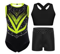 Raenseen Complète De Gymnastique Pour Petite Mädchen En Trois Pièces Corps Danse Classique Avec Chemisette Et Pantalonnet Corps Gymnastique Rythmique Avec Strass Vert fluorescent 5-6 ans