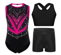 Raenseen Complète De Gymnastique Pour Petite Mädchen En Trois Pièces Corps Danse Classique Avec Chemisette Et Pantalonnet Corps Gymnastique Rythmique Avec Strass Rose Vif 9-10 ans