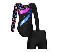 Raenseen Corps Patinage Artistique Mädchen avec Short Sportif Justaucorps De Ballet Manches Longues Robe De Danse Classique Moderne Tenue De Danse Latine Tango Étoile Noire 9-10 Ans
