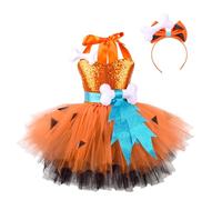 Raenseen Costume Cavernicole Pour Mädchen Robe Préhistoire Primitif Costume Néandertal Costumes Caverne Tutu Pailleté Avec Bonnet Pour Carnaval Halloween Et Noël Orange 9-10 ans